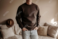 Man wearing brown sweatshirt light jeans image Product Image 1