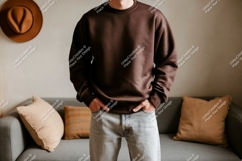 Man wearing brown sweatshirt and jeans casual Product Image 1