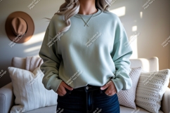 Woman wearing mint green sweatshirt mockup Product Image 1