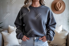 Charcoal gray sweatshirt with denim jeans Product Image 1