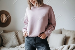 Woman wearing pink sweatshirt and jeans casual Product Image 1