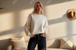 Woman wearing cream sweatshirt and dark jeans image Product Image 1