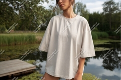 Woman in beige tshirt by lake mockup Product Image 1