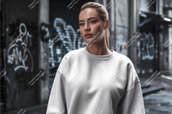 Woman in white sweatshirt outdoors mockup Product Image 1