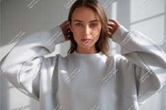 Woman in gray sweatshirt indoors mockup Product Image 1