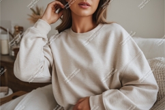 Woman in a beige sweatshirt mockup Product Image 1