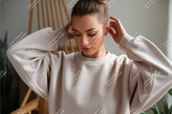 Woman in a beige sweatshirt mockup Product Image 1
