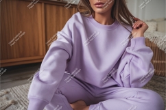 Woman in lilac sweatshirt sitting mockup Product Image 1