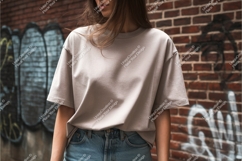 Woman wears beige tshirt mockup Product Image 1