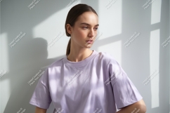 Woman in lilac tshirt mockup Product Image 1