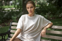 Woman in beige tshirt on bench mockup Product Image 1