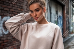 Woman poses in beige sweatshirt mockup Product Image 1