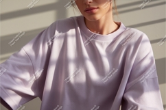 Woman in lilac shirt indoors mockup Product Image 1