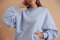 Woman in blue sweatshirt posing mockup Product Image 1