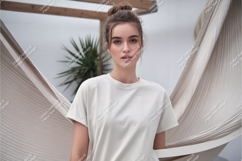 Woman in white tshirt with curtain mockup Product Image 1