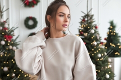 Woman in beige sweatshirt mockup Product Image 1