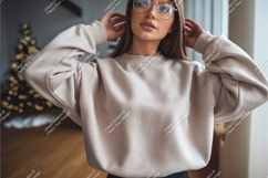 Woman in beige sweatshirt mockup Product Image 1