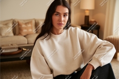 Woman in beige sweatshirt indoor mockup Product Image 1