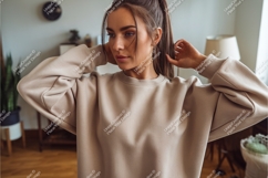Woman in beige sweatshirt mockup Product Image 1