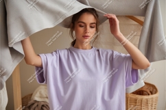 Woman in lilac tshirt mockup Product Image 1