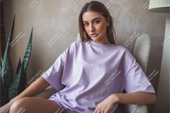 Woman in lilac tshirt sitting mockup Product Image 1
