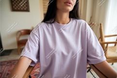 Woman in lilac tshirt indoors mockup Product Image 1