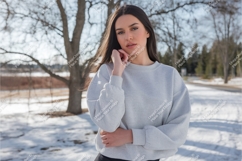Woman in gray sweatshirt in winter mockup Product Image 1