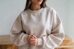 Woman in cream sweatshirt mockup Product Image 1