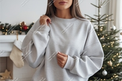 Woman wears gray sweatshirt indoors mockup Product Image 1