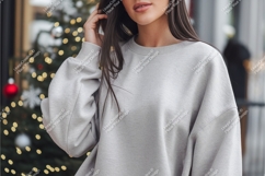 Woman wears gray sweatshirt indoors mockup Product Image 1