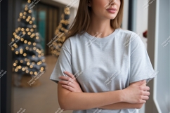 Woman in gray tshirt near tree mockup Product Image 1
