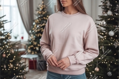 Woman in sweatshirt near christmas tree mockup Product Image 1