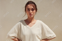 Woman in white vneck shirt mockup Product Image 1