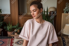 Woman in pink tshirt looking down mockup Product Image 1
