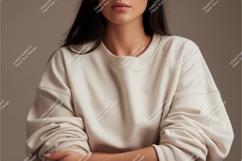 Woman in beige sweatshirt mockup Product Image 1