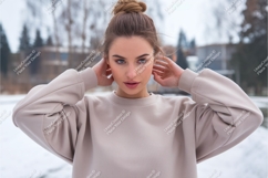 Woman in beige sweatshirt winter mockup Product Image 1