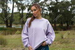 Woman in lavender sweatshirt mockup Product Image 1