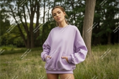 Woman in lavender sweatshirt mockup Product Image 1