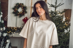 Woman in beige tshirt mockup Product Image 1
