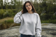 Woman in gray sweatshirt mockup Product Image 1