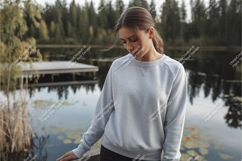 Woman in gray sweatshirt mockup Product Image 1
