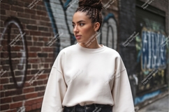 Woman in beige sweatshirt stands mockup Product Image 1
