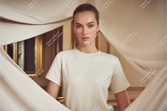 Woman in beige tshirt posing mockup Product Image 1