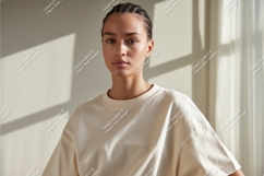 Woman in beige tshirt posing mockup Product Image 1