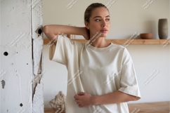 Woman in beige tshirt mockup Product Image 1