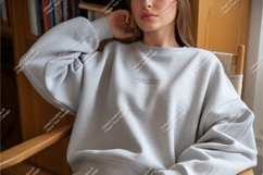 Woman in gray sweatshirt mockup Product Image 1