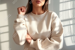 Woman wears a beige sweatshirt mockup Product Image 1