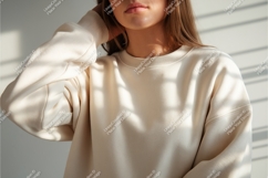 Woman wears a beige sweatshirt mockup Product Image 1
