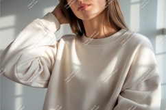 Woman wears a beige sweatshirt mockup Product Image 1