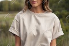 Woman in beige tshirt mockup Product Image 1